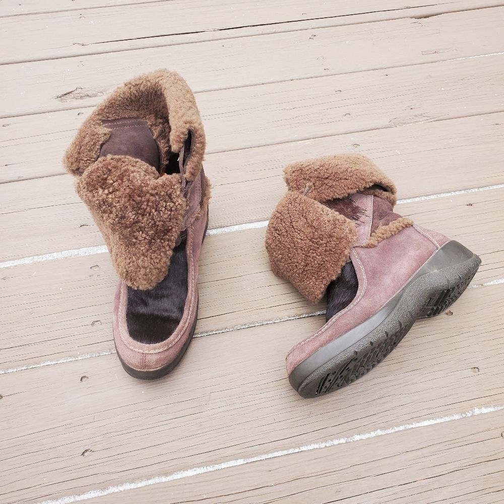 Vintage 90s y2k Tecnica Brown Suede Leather Shearling‎ Cuff Goat Hair Ski Boots